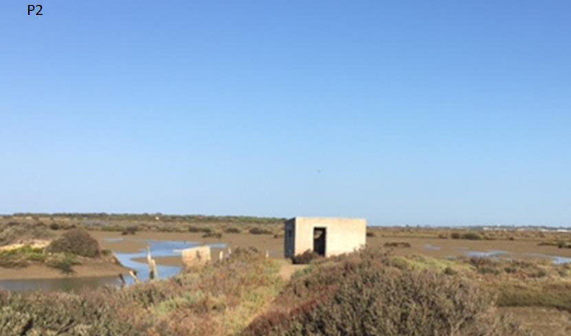 Antigua caseta de vigilancia blanca en medio de la marisma, junto a un estero