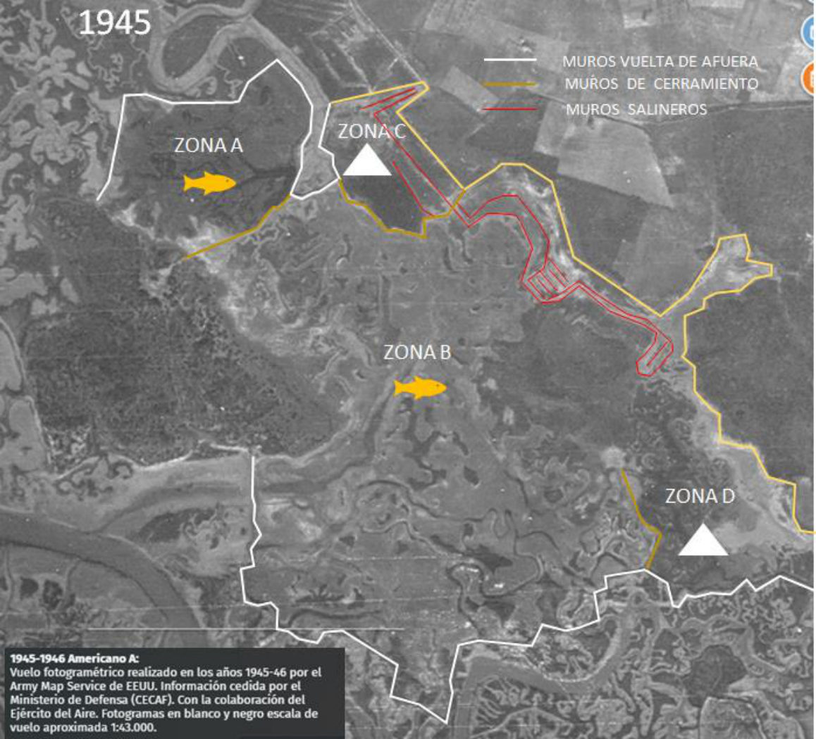 Fotografía aérea en blanco y negro de 1945 con los muros de la finca marcados