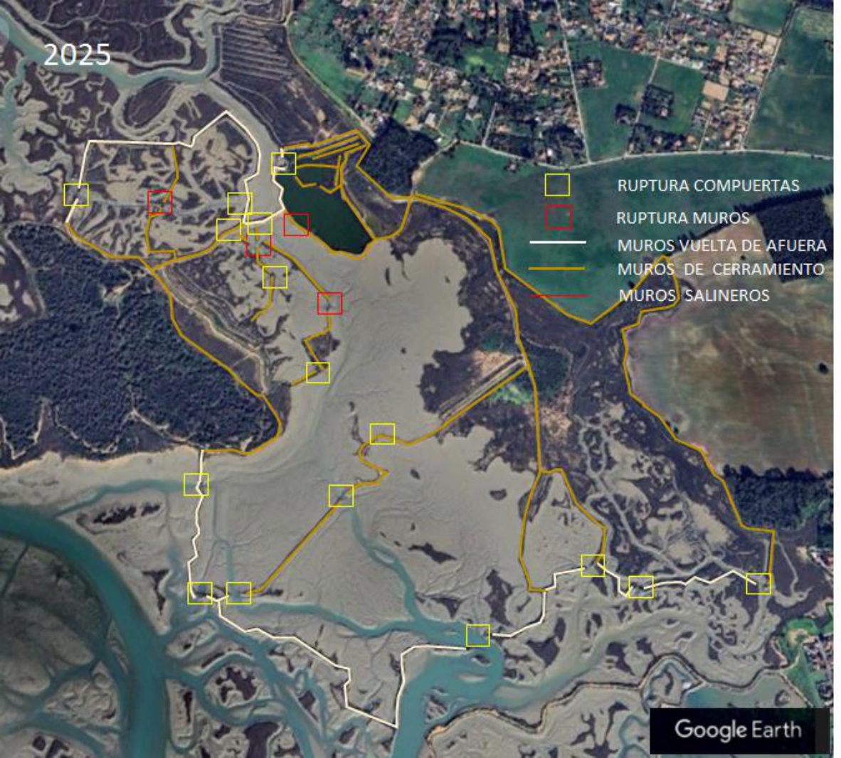 Imagen de satélite de 2025 con veinte puntos de rotura marcados